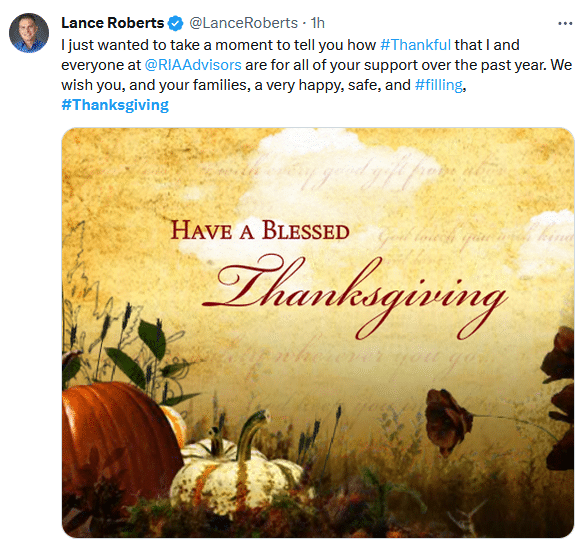 Tweet by @LanceRoberts "I just wanted to take a moment to tell you how #Thankul that I everyone at @RIAAdvisors are for all of your support over the past year..."
