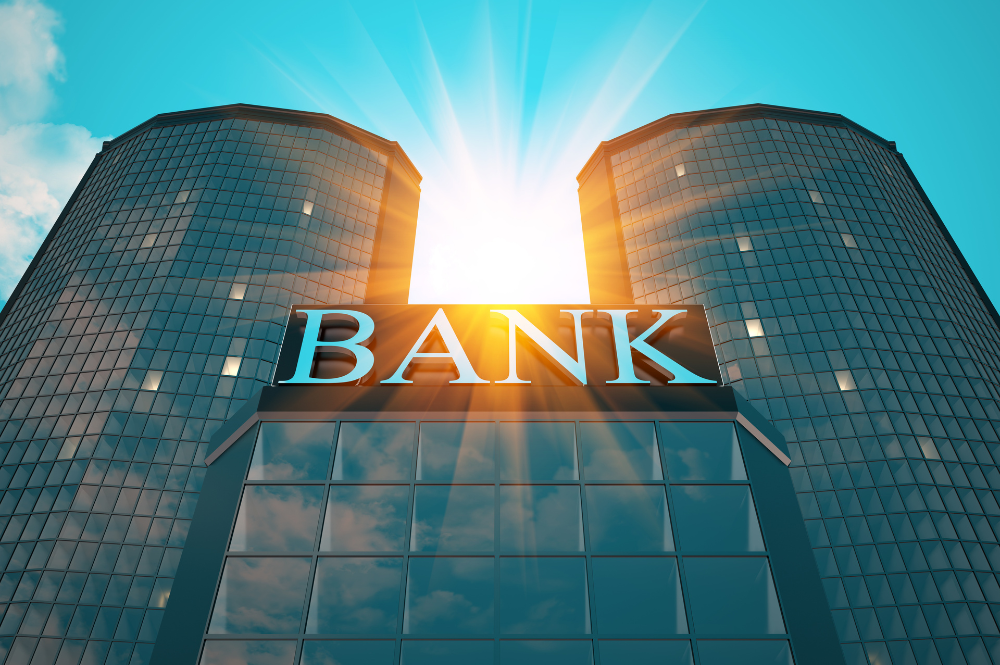 The word "Bank" displayed prominently on a building, symbolizing the contrast between independent RIA and big banks.